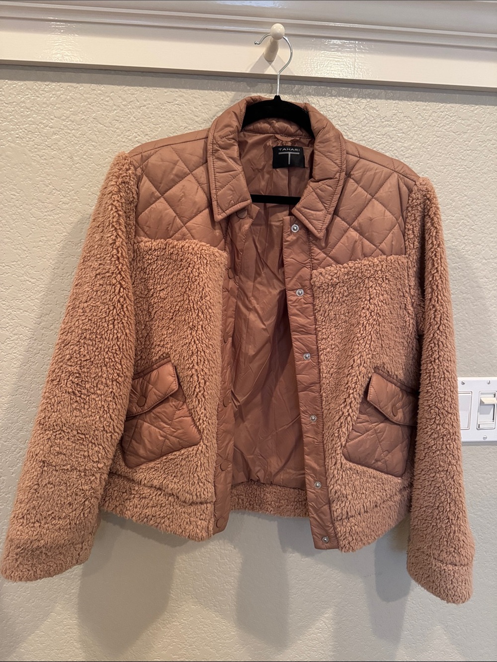 T Tahari Quilted & Teddy Jacket in Dusty Rose/tan